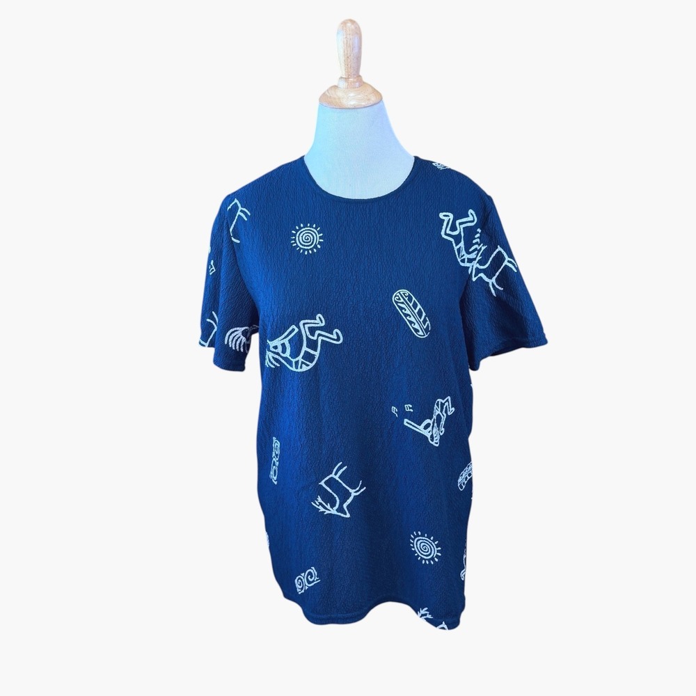 Vintage Vejaiz Designs Navy Blue Crinkle Petroglyph Print Top Made in USA Large